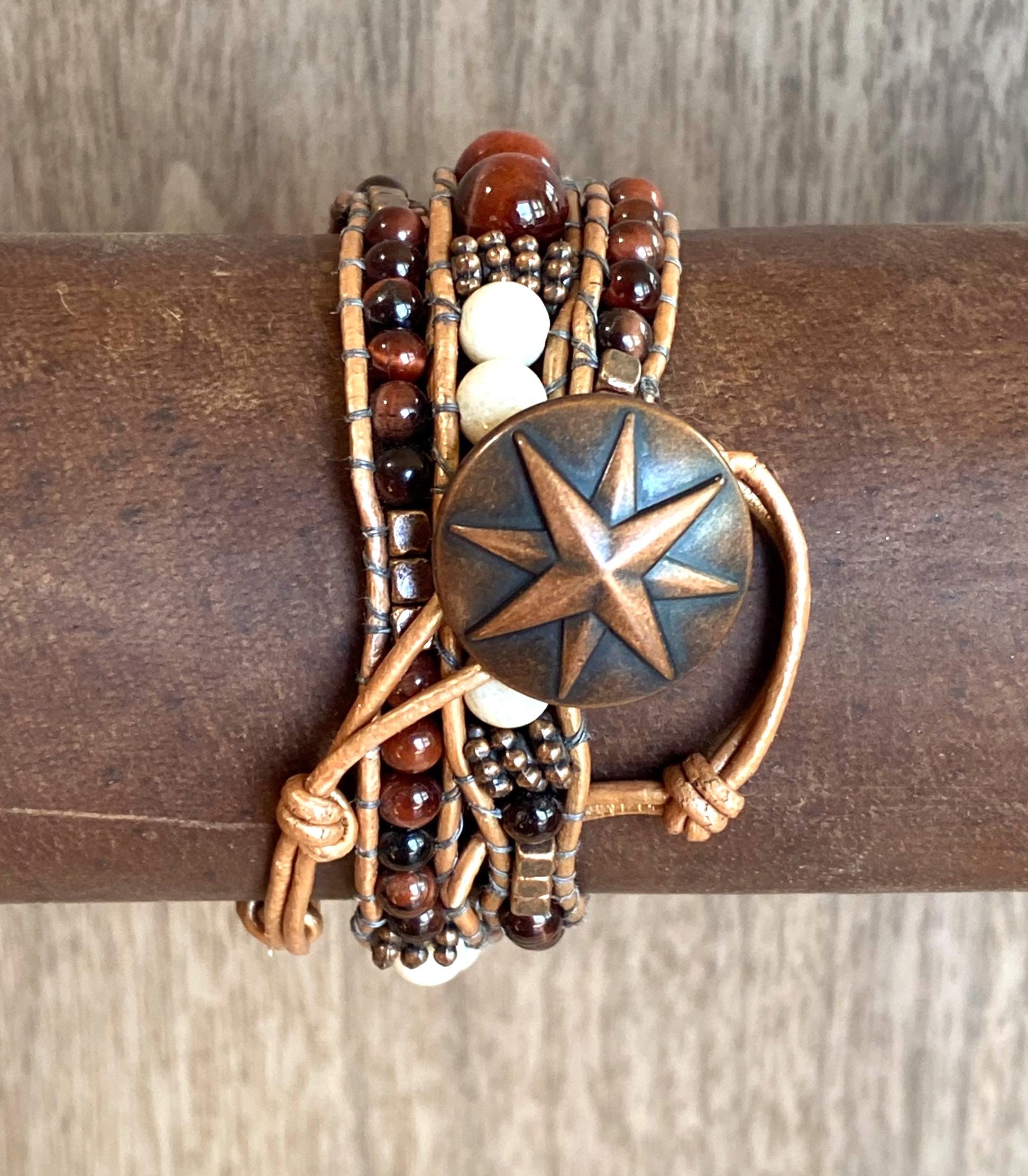 Burnt Orange Leather Wrap Bracelet, Pearl Accent Beaded Boho 