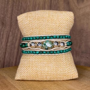 Green Leather Wrap Bracelet: Malachite, Czech Glass & Hematite Beaded Jewelry [B083]