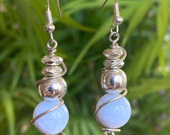 Blue Lace Agate Dangle Earrings, Sterling Silver Gemstone Jewelry [E309]