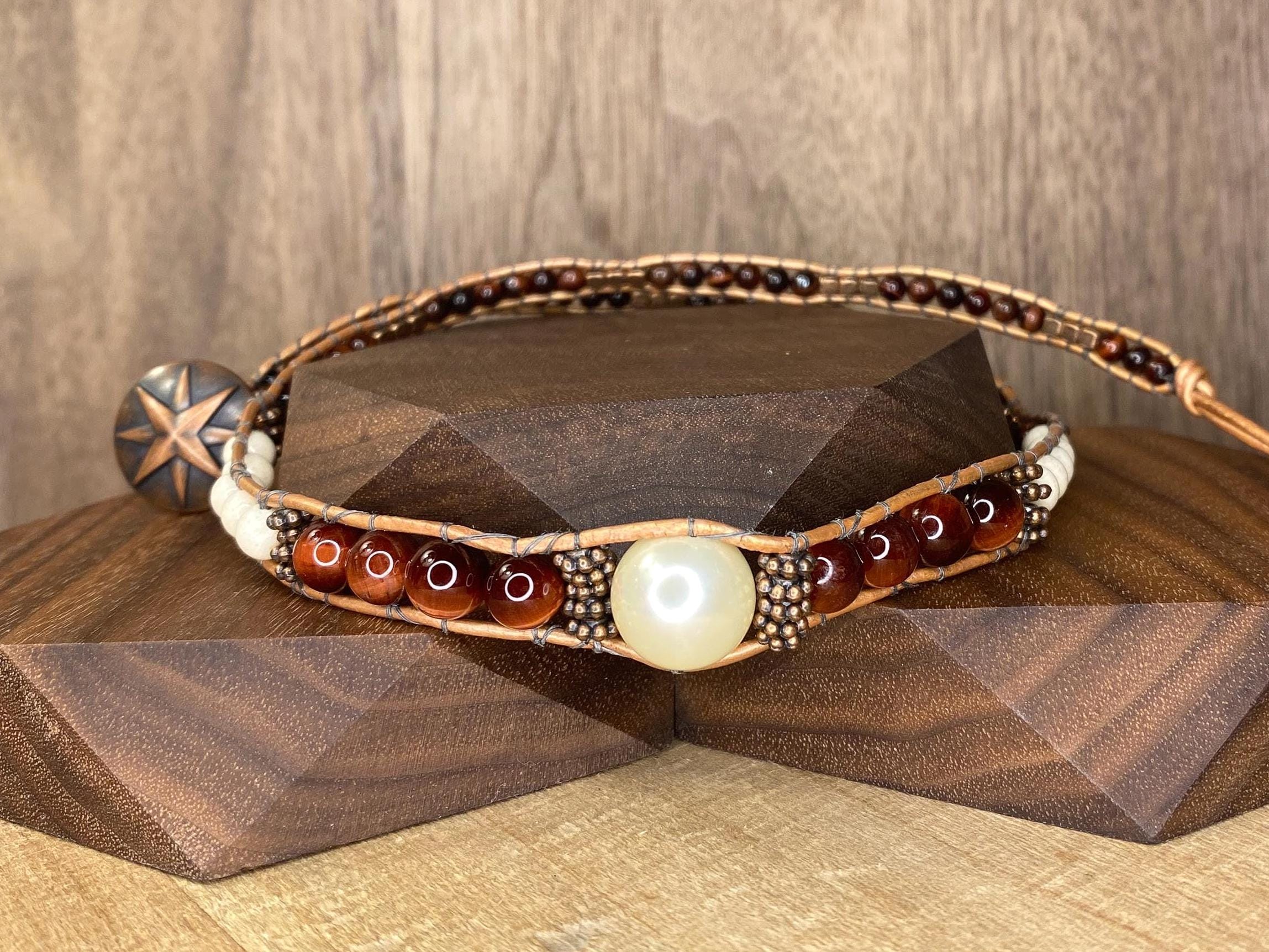 Burnt Orange Leather Wrap Bracelet, Pearl Accent Beaded Boho  display picture 3