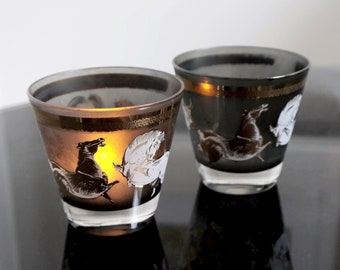 Vintage Pair of Frosted Glass Tealight Holders w/ Horse Motif in Gold & White, Smoked Grey Matte, Ethnic World Style, Year of the Horse