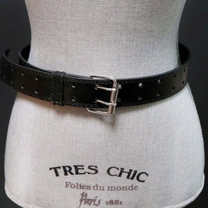 Vintage Double Pin Buckle Black Faux Leather Belt, Industrial Style Belt, Punk Rock Silver Hardware, Perforated Leather Belt, Unisex Rocker