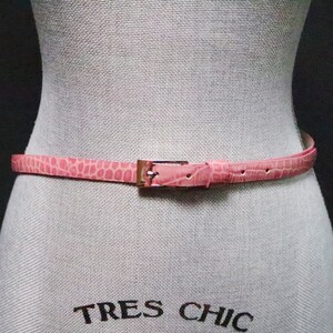Vintage Pastel Pink Reptile Leather Belt w/ Rectangle Silver Buckle, Embossed Texture, Skinny Blush Pink, Modern Minimal