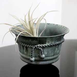 Vintage Brass Verdigris Plant Pot w/ Rope Tie Detail, Flared Round Metal Planter, Distressed Patina, Oxidized Rustic Finish, Tassel Trim