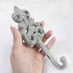 Vintage Cast Iron Ornate Wall Hook, Painted Grey Metal Hanger, Rustic Farmhouse Decor, Primitive French Country Style, Shabby Parisian Chic