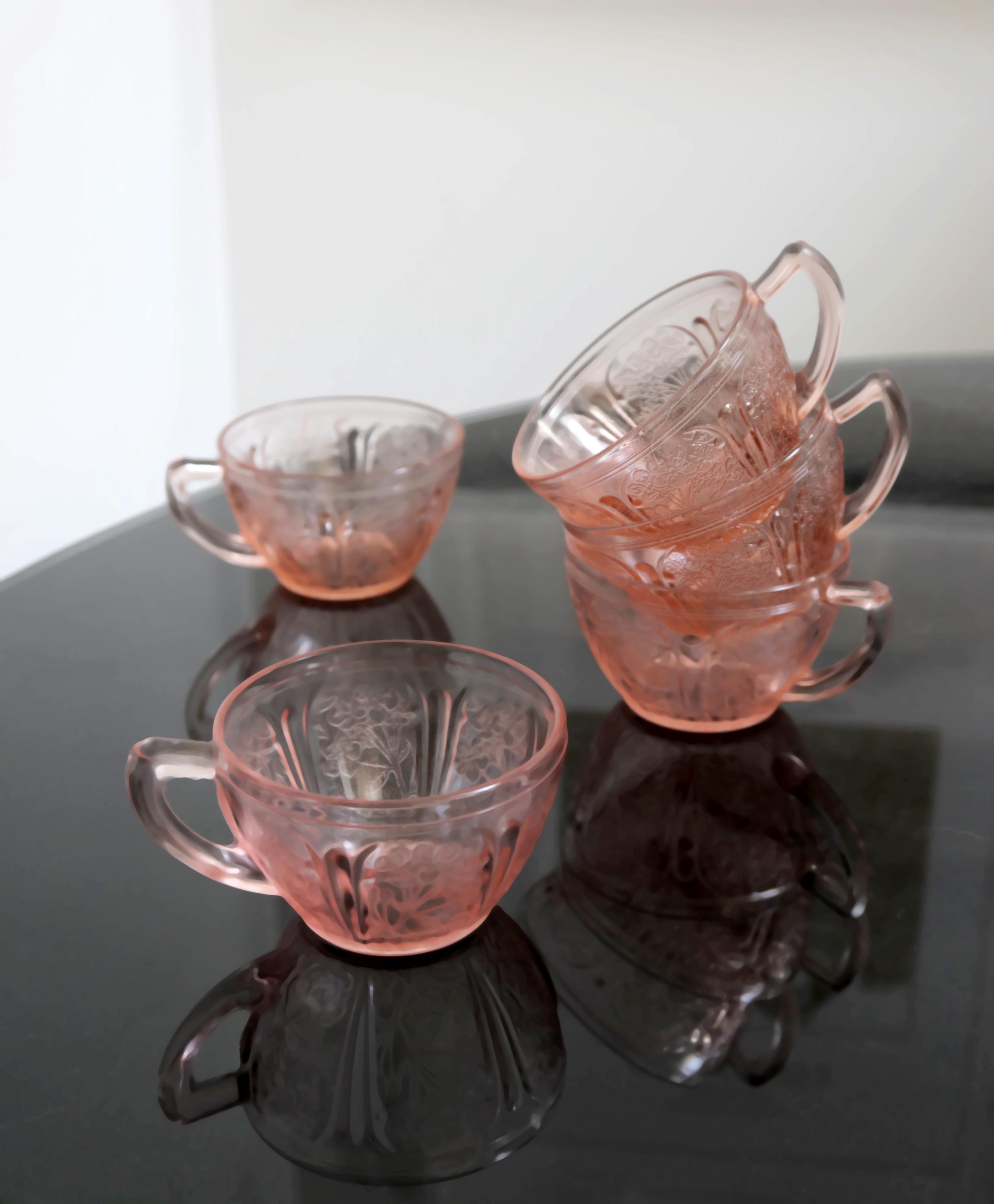 Vintage Cherry Blossom Pink Depression Glass Teacups - Set of 5 by