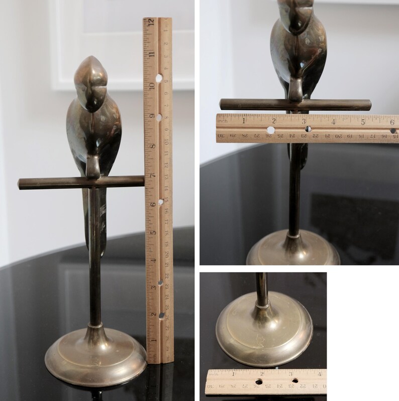 Vintage Solid Brass Parrot on T Stand, Maximalist Safari Inspired Decor