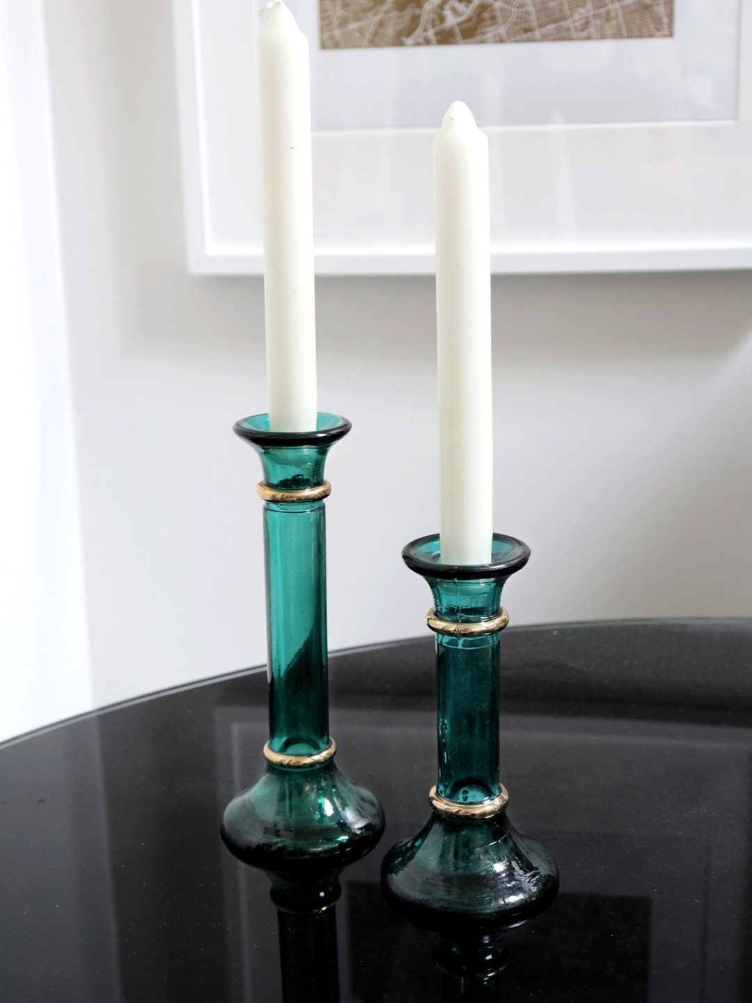 Vintage Matched Pair of Green Glass Candlestick Holders or Bud Vase W