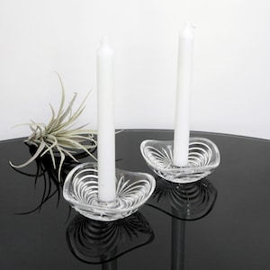 Vintage Set of 2 Art Deco Triangular Glass Candle Holders, Clear Cut Crystal Glass Candlestick Holder, Geometric Arch