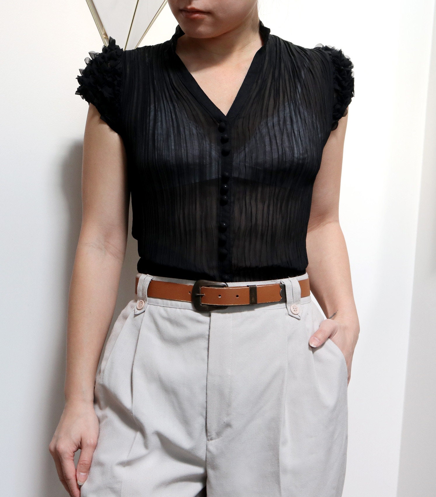 Vintage Y2K Sheer Black Crinkle Button 
