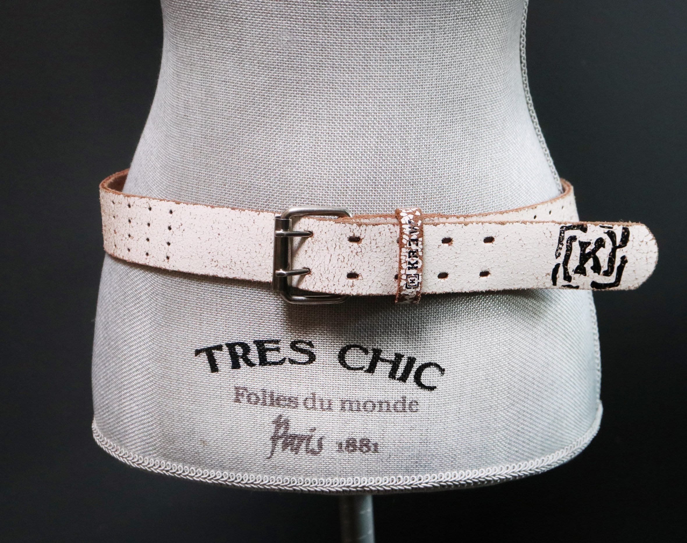 Vintage 90's Distressed Perforated White Leather Belt