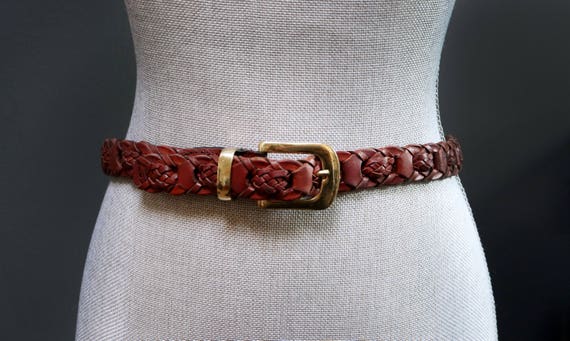 Vintage Brown Braided Leather Belt, Woven Ladder B