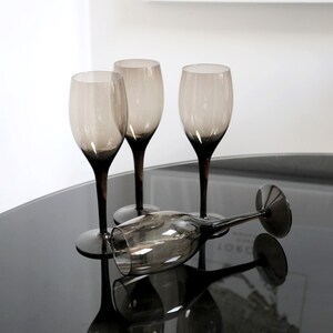 Vintage Smoked Glass Champagne Glasses - Set of 4, Modern Minimalist, Retro Bar Cart, Grey Colored Glass, Smokey Gray, New Year's Eve Party