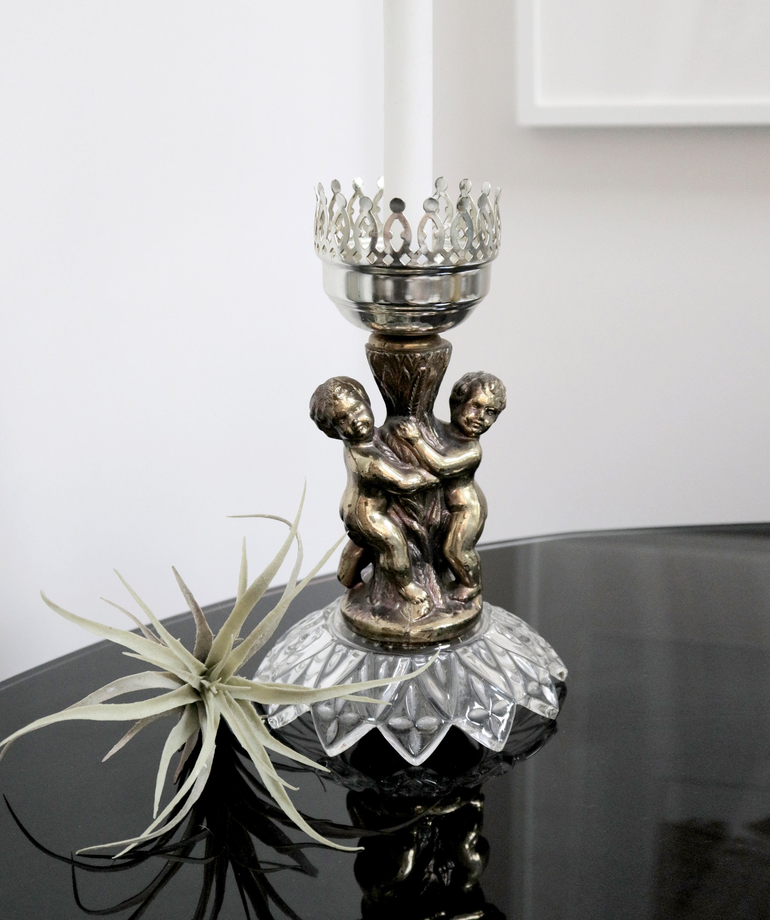 Vintage Brass & Glass Cherub Angel Candle Holder, Ornate Neoclassical Inspired Decor, Hollywood Regency, Antiqued Metal Hurricane Lamp Base
