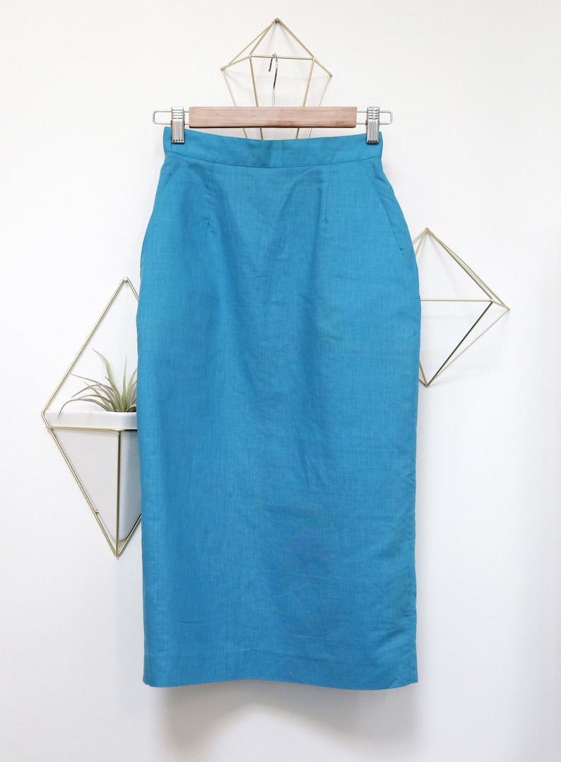 Long Fitted Mid-Calf Length Women/'s Extra Small XS Vintage 70s Cyan Pencil Skirt Minimalist Style Vibrant Sky Blue Summer Skirt