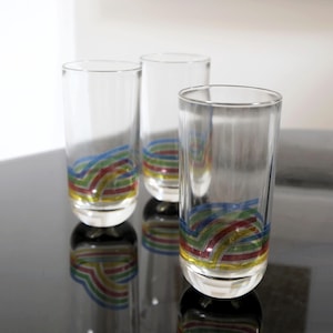 Vintage Set of 3 Rainbow Stripe Printed Glass Tumblers Cups by AVIR Italy, Retro Glassware, 80s Barware Geometric Pattern, Spring Summer
