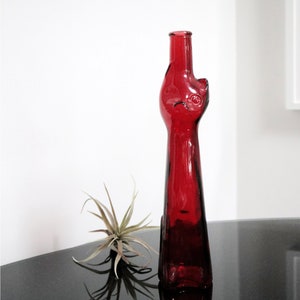 Vintage Transparent Red Cat Shaped Empty Wine Bottle, Collectible Glass, Tall Skinny Cat Bottle, Pressed Glass Vase