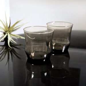 ヴィンテージ Libbey スモークガラスタンブラー - 2個セット、モダンな宇宙時代のミニマリストスタイル、シンプルでレトロなミニマルなグラスウェア、ローボールカクテルカップ