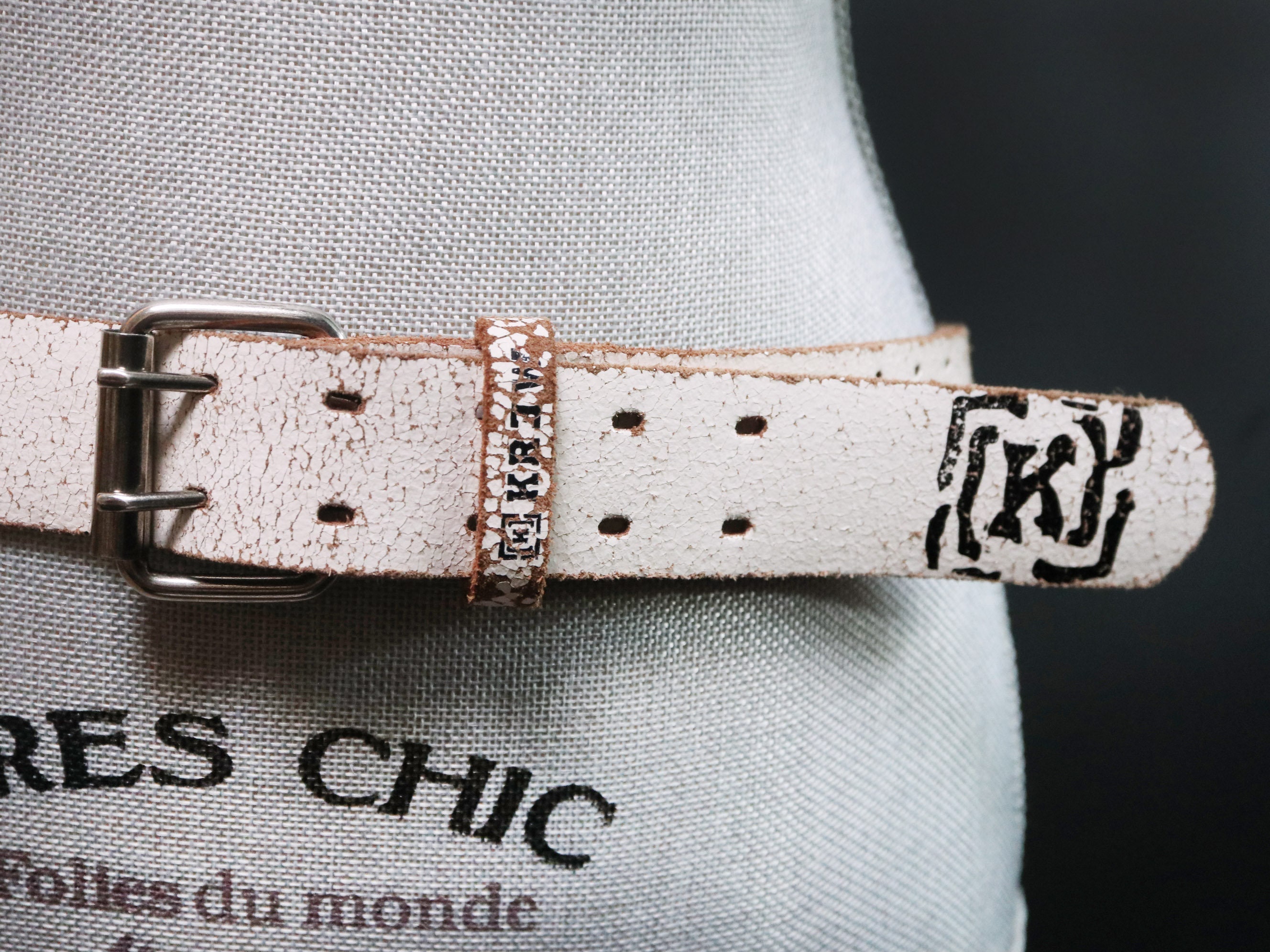 Vintage 90's Distressed Perforated White Leather Belt
