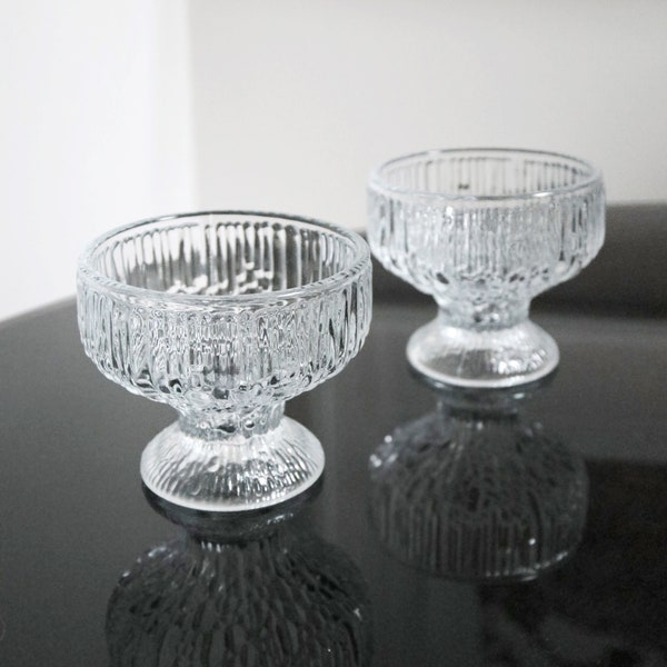 Vintage Ice Drip Texture Glass Sundae Bowls by iittala Ultima Thule, Set of 2, Round Dessert Compote Glasses, MCM Scandinavian Design