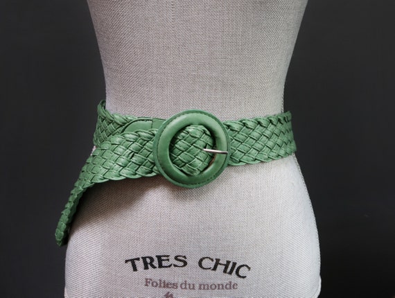 Vintage Woven Green Waist Belt W/ Circle Buckle, Faux