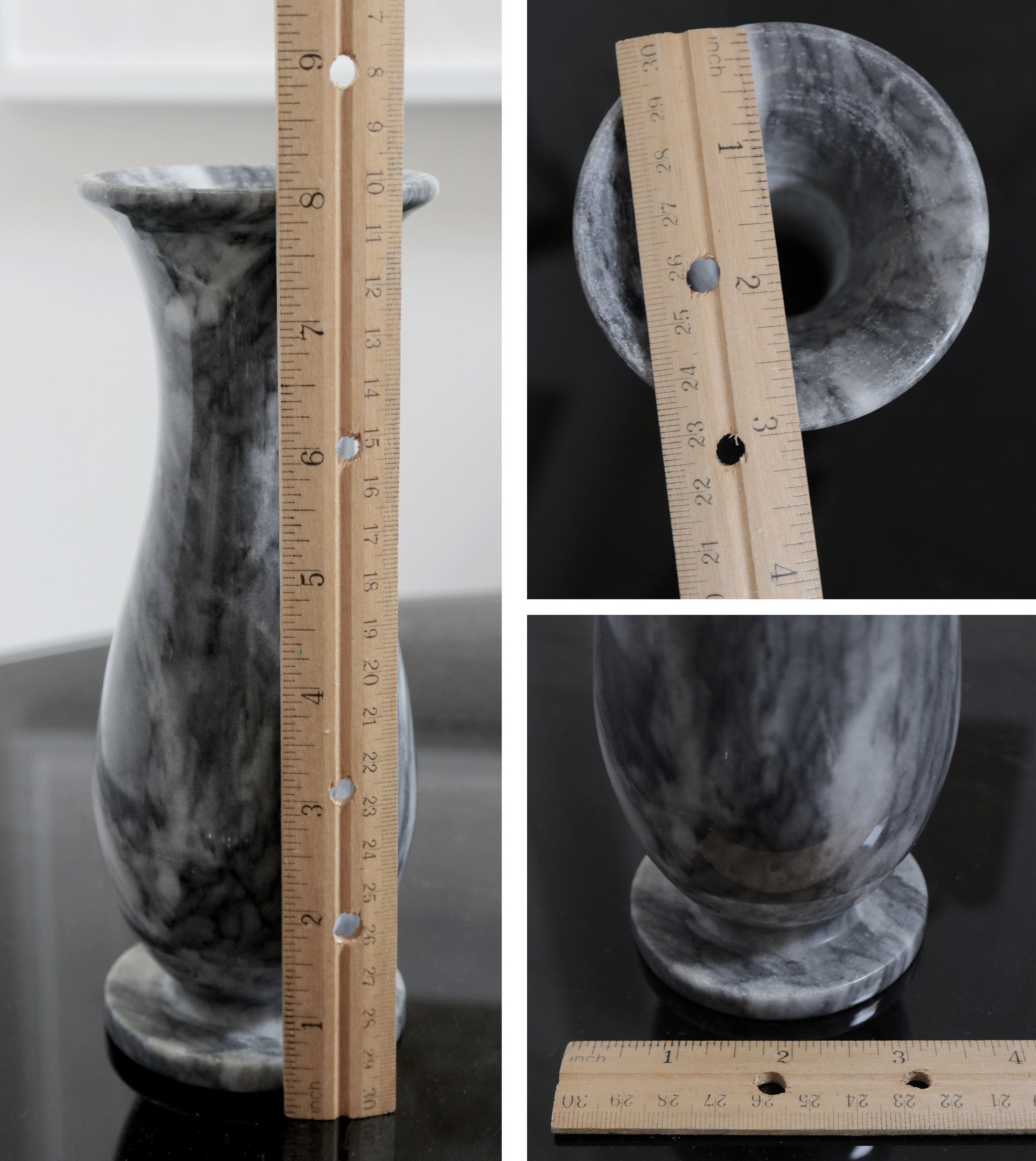 ヴィンテージ 8 インチ グレー 彫刻 石花瓶、黒と白の縞模様、ミッド