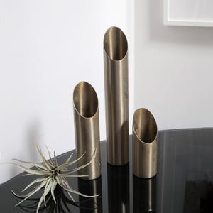 May include: Three gold metal cylindrical vases of varying heights, arranged in a graduated pattern on a black surface. A small green plant is in the foreground.