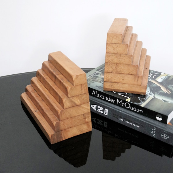 Vintage Wooden Pyramid Bookends, Warm Neutral Brown, Carved Aztec Style, Tribal, Mid Century Modern, Geometric Stepped Triangle, Bohemian