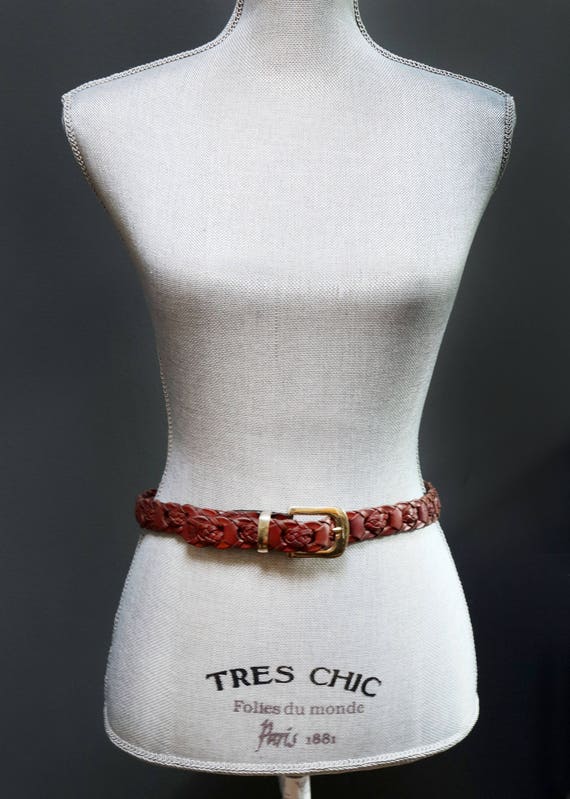 Vintage Brown Braided Leather Belt, Woven Ladder … - image 3