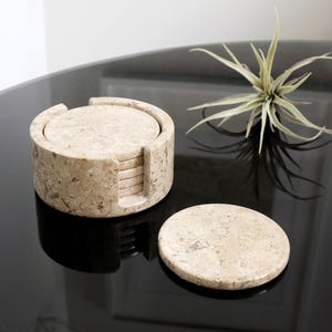 Vintage Beige Stone Coasters, Set of 6 w/ Storage Caddy, Modern Minimalist, Coffee Bar Cart Decor, Kitchen Storage, Natural Round Travertine