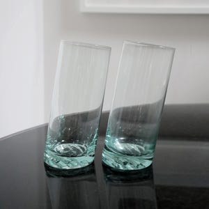 Vintage Slanted Tall Recycled Glass Tumblers - Set of 2, Modern Style Highball Glasses, Space Age Minimalist, Simple Minimal Glassware