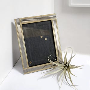 May include: A rectangular picture frame with a silver and gold-toned metal frame. The frame holds a black backing and is leaning against a white surface. A decorative air plant with long, slender leaves rests nearby.
