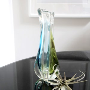 Vintage Japanese Art Glass Stretch Swung Vase w/ Color Shifting Blue & Yellow, Tall Handblown Artisan Vase, Midcentury Modern Home Decor