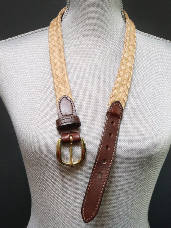 Vintage Jute Rope Braided Belt w/ Brown Leather Panel… Gem