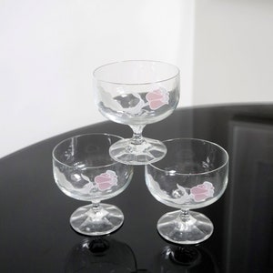 Vintage Crystal Champagne Coupes w/ Matte Pink Tulip Design - Set of 3, Art Nouveau, Retro Bar Cart, Midcentury Modern, Bohemia Czech