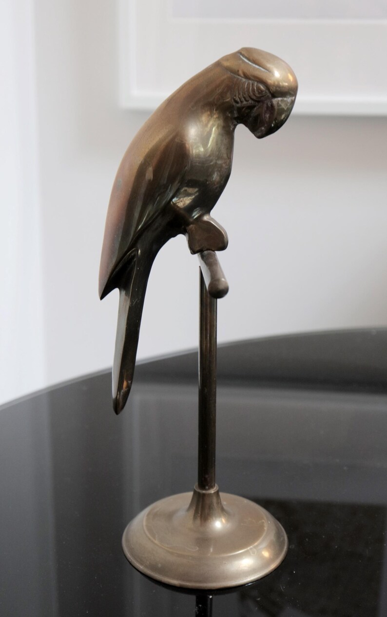 Vintage Solid Brass Parrot on T Stand, Maximalist Safari Inspired Decor