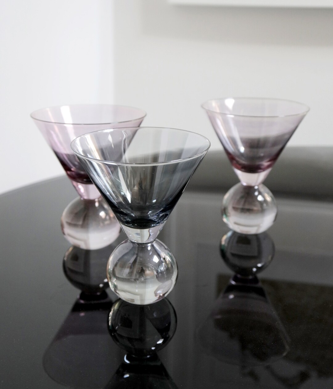 Vintage Tinted Ball Base Martini Glasses Set of 3 in Pink & Blue, MCM
