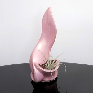 May include: A pink ceramic planter shaped like a flame with a small air plant growing inside.