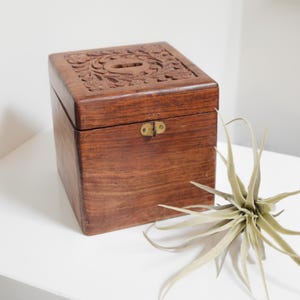 May include: A square, wooden box with a hinged lid and brass clasp. The lid features carved floral designs. The box is stained a warm brown color. A small, spiky, air plant sits to the right of the box.