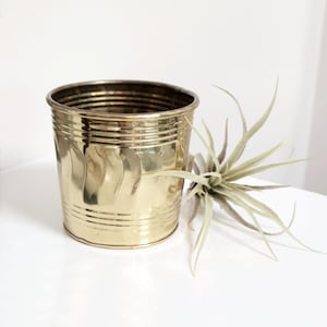 May include: A gold metal planter with a ribbed texture. The planter is empty and sitting on a white surface.