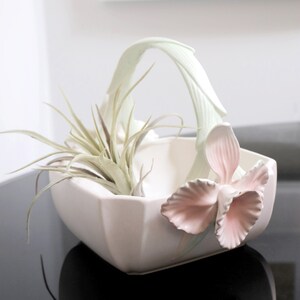 May include: White ceramic planter with a handle shaped like a leaf and a pink flower design. The planter is filled with a green air plant.