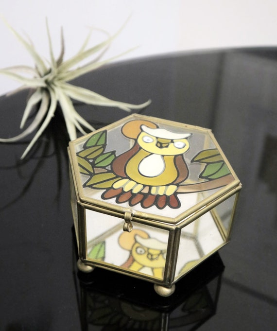 Vintage Brass & Glass Hexagon Shaped Jewelry Box w