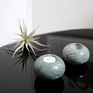 Vintage Pair of Polished Pale Green Orb Stone Tealight Holders w/ Natural Striations, Flat Round Marble Votive, Neutral Aesthetic