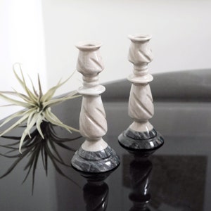 Vintage Pair of 6&quot; Carved Two Tone Stone Candle Holder w/ Taupe & Black Striations, Natural Marble Candlestick Holder, Neutral Aesthetic