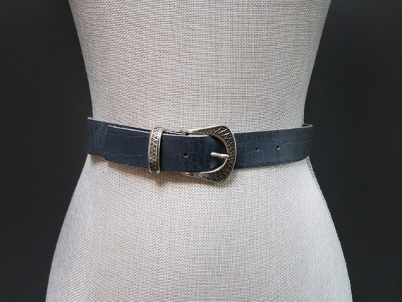 Vintage Navy Blue Reptile Embossed Texture Belt w… - image 1