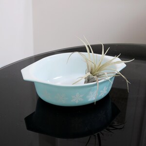 May include: A light blue ceramic baking dish with a snowflake pattern. The dish is empty and has a plant inside.