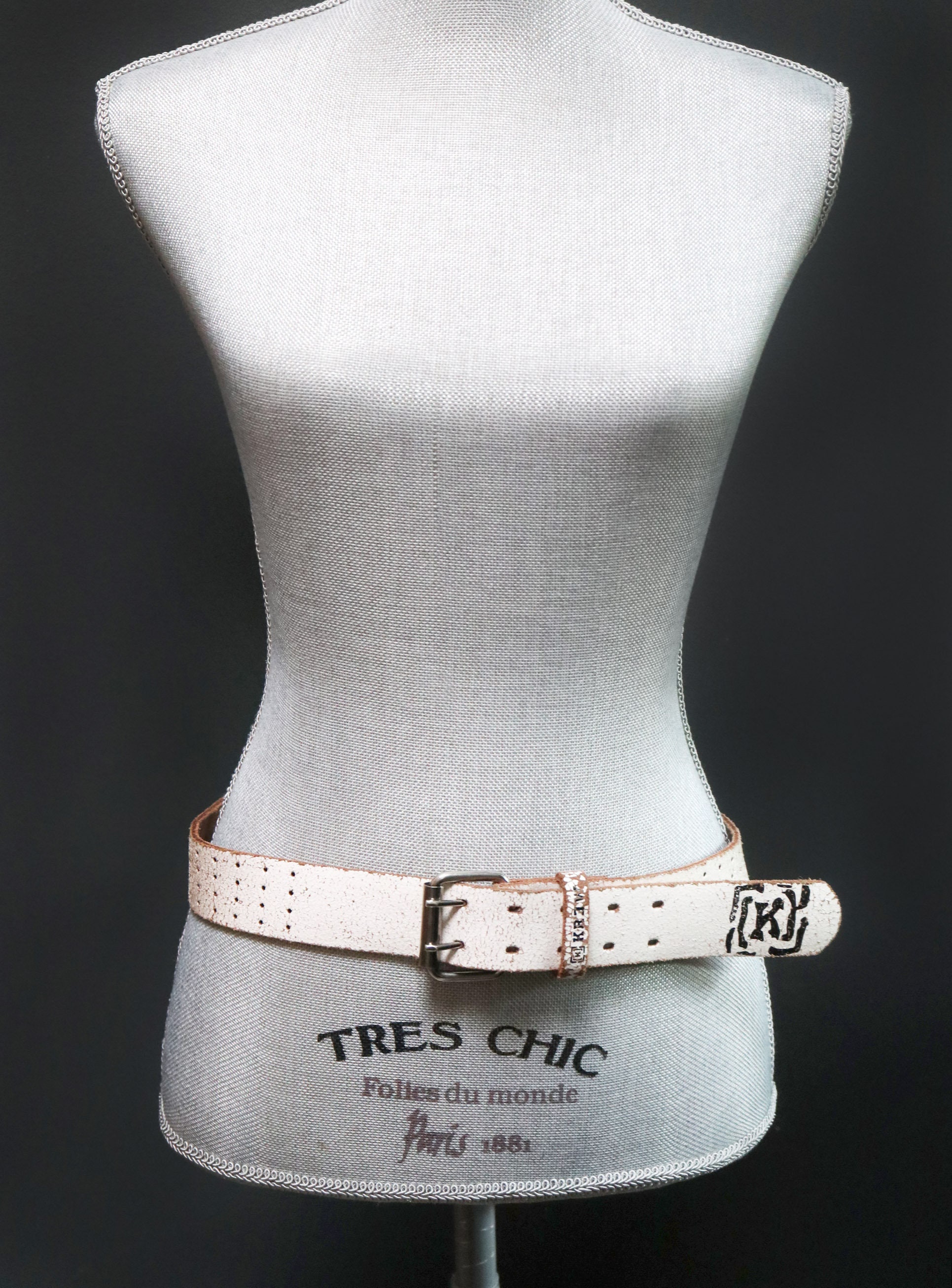 Vintage 90's Distressed Perforated White Leather Belt