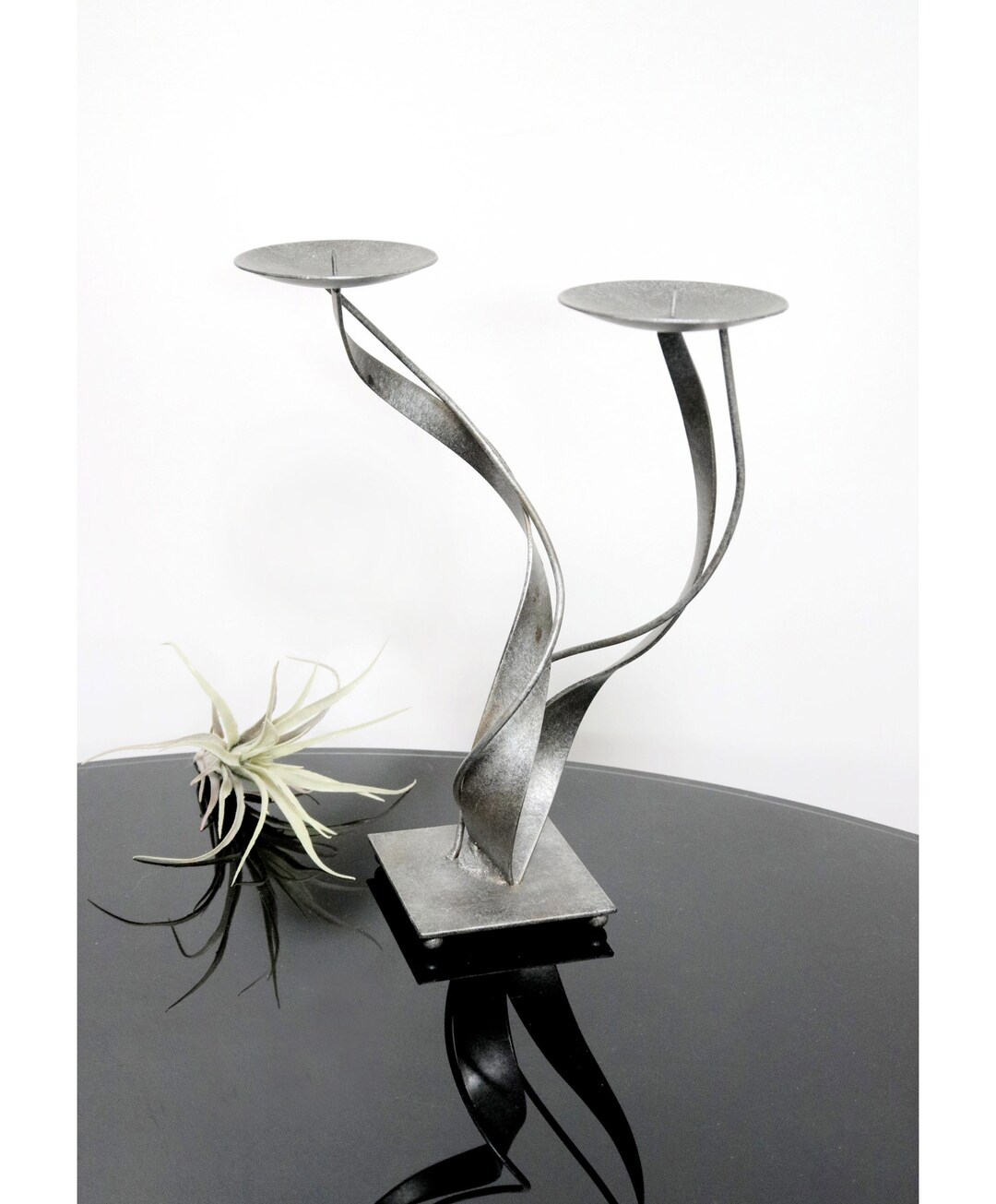 Vintage Twisted Ribbon Pillar Candle Holder Holds 2 Candles, Mid Century Modern, Wrought Iron