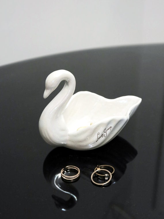 Vintage Small White Iridescent Ceramic Swan Trink… - image 1