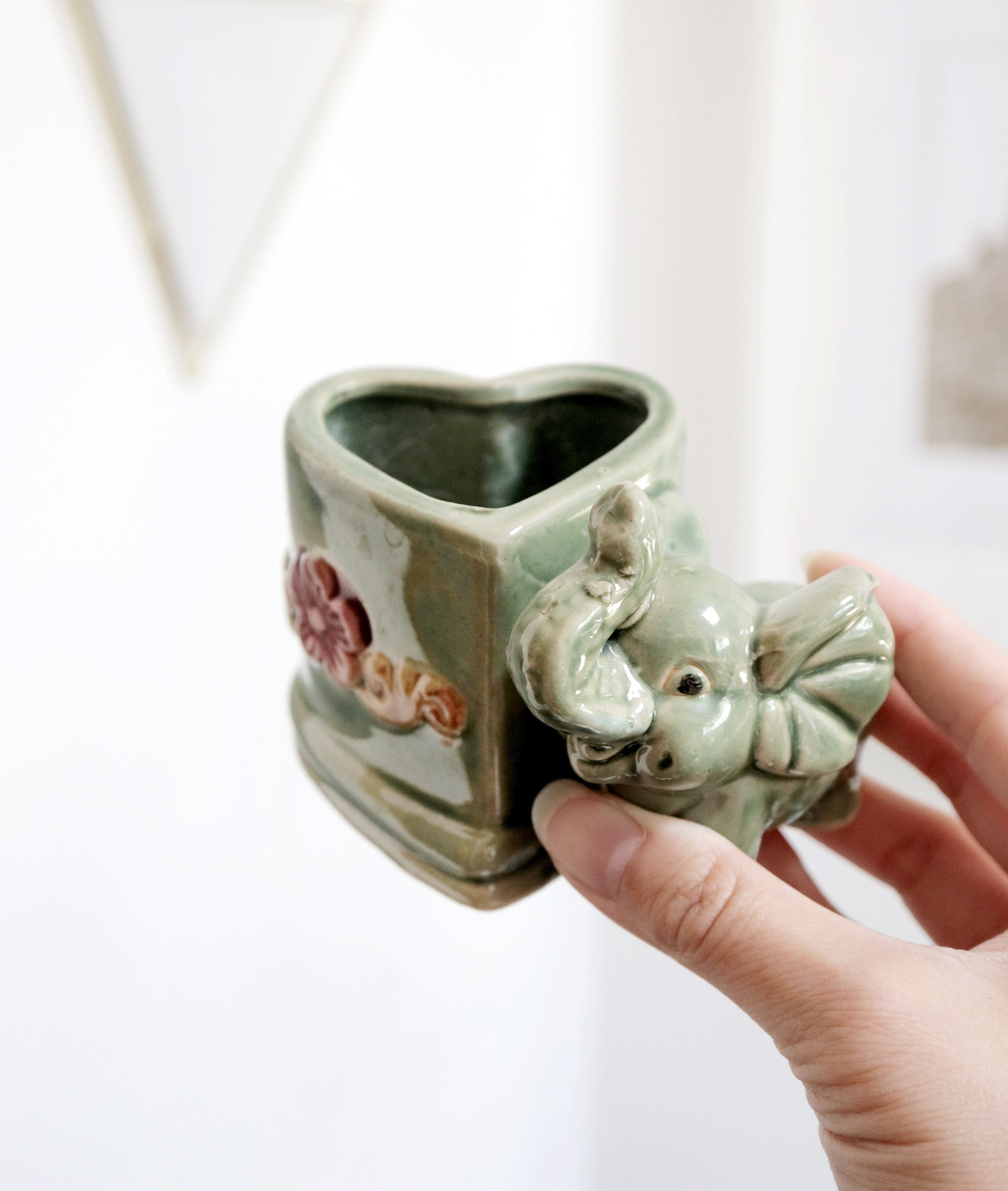 Vintage Ceramic Green Elephant & Heart Planter, Jade Green